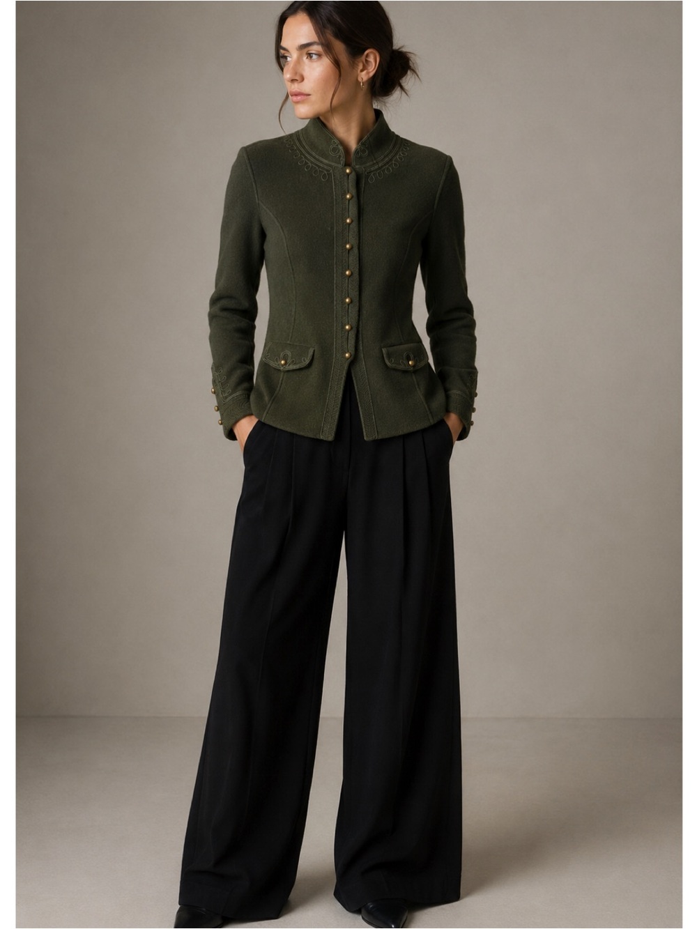 Magaschoni Womens Boiled Wool Military Band Jacket L Green Napoleonic Trachten